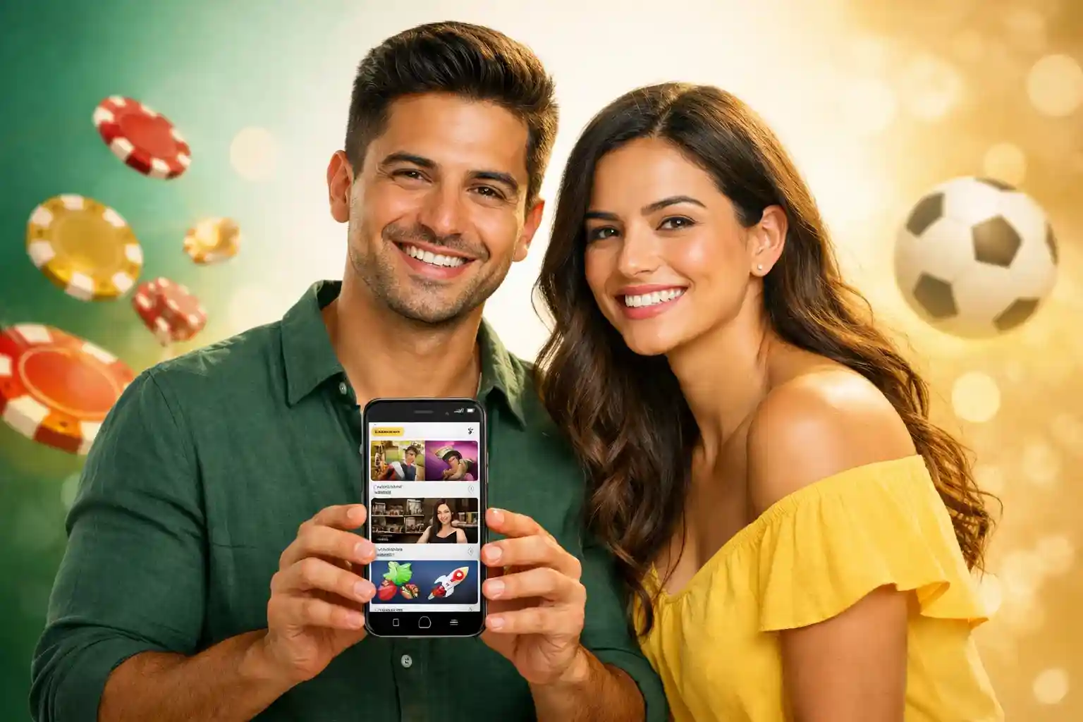 Pareja sonriente mostrando app de casino online con fichas y balón